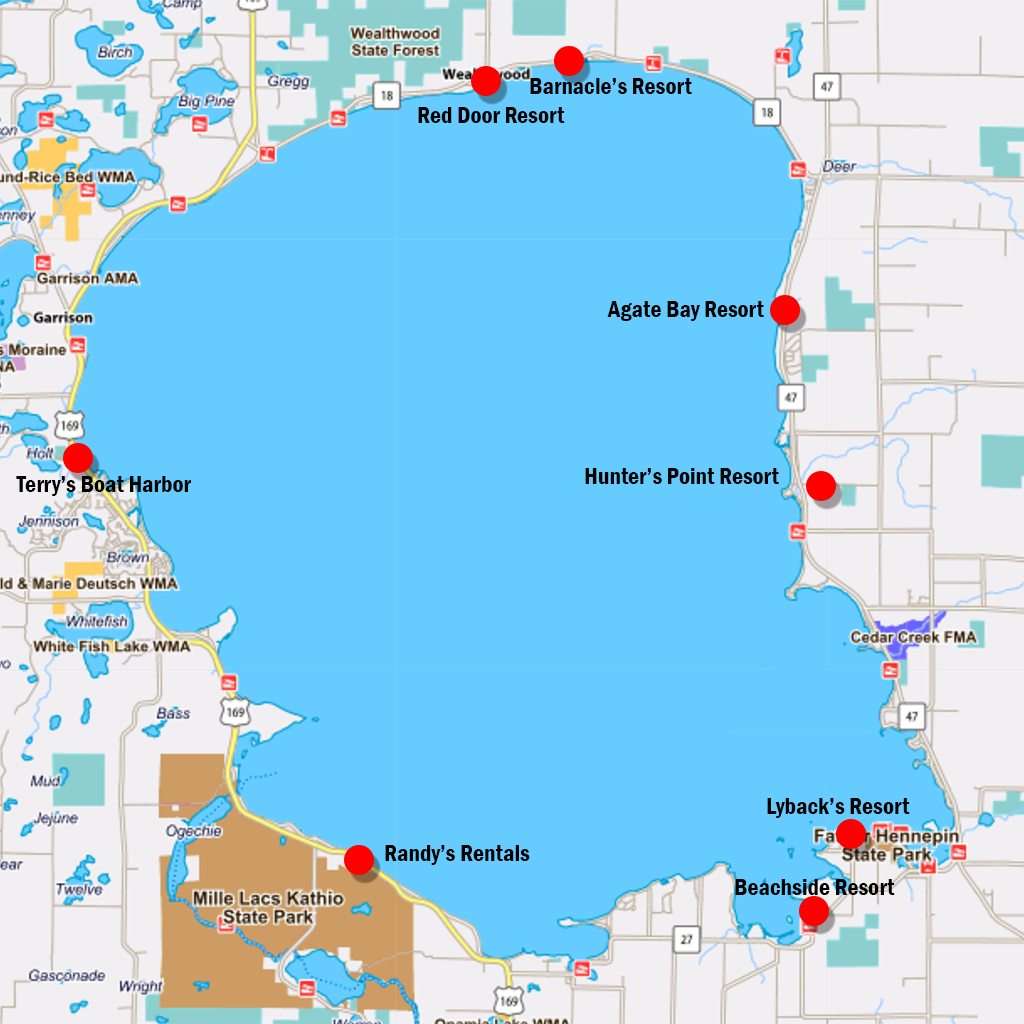image of lake mille lacs showing popular ice access locations