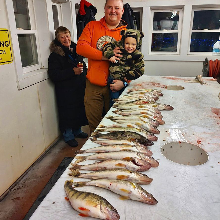image of fish cleaning table filled with limits of walleye from lake of the woods