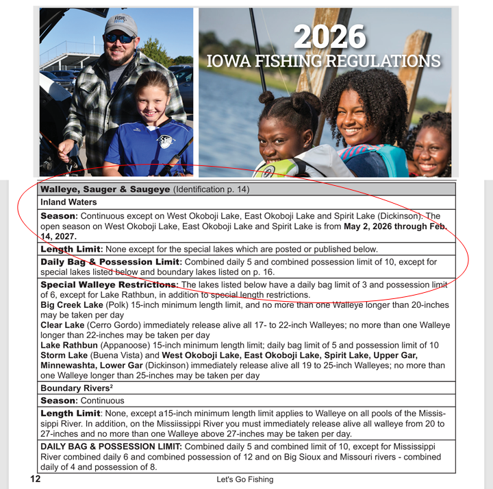 image of excerpt from the Iowa Fishing Regulations showing their statewide walleye and sauger limits