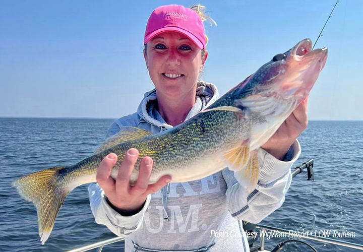 image of woman holding big walleye caught on a Wig Wam Resort fishing charter on Lake of the Woods