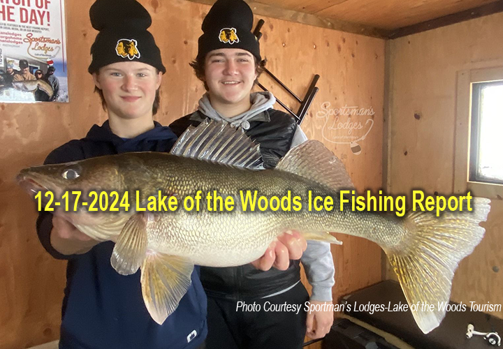 image of oung men holding huge walleye caught through the ice on Lake of the Woods