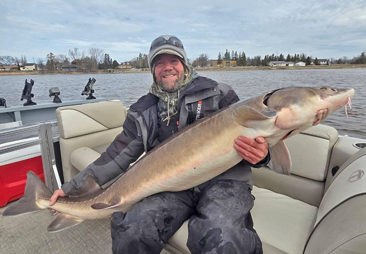 image of fisherman holding a huge sturgeon he caught on the Rainy River