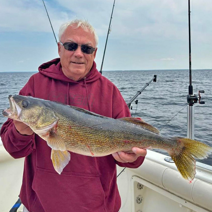 image of man with a huge walleye caught on lake of the woods charter fishing trip 