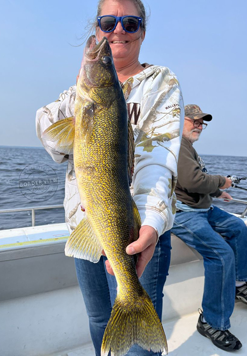 image of woman holding giant walleye she caught on Border View Lodge fishing charter